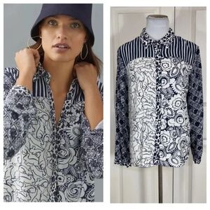 ANTHROPOLOGIE MAEVE Navy White Print Top